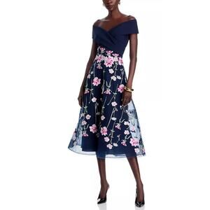 Teri Jon byRickie Freeman Crepe Off-the-Shoulder Embroidered Tulle Dress 10 $660